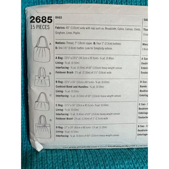 Simplicity sewing pattern 2685 tote purse bag - Picture 4 of 5